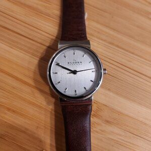 Skagen classic silver watch with leather band
